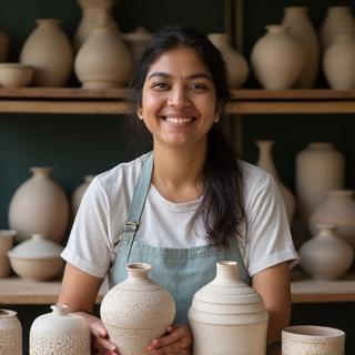 Portrait of ceramic artist Pooja Rao with her pottery