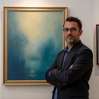 Portrait of contemporary painter Rohan Sharma with his art