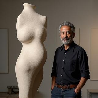 Portrait of sculptor Vikram Patel standing beside his work